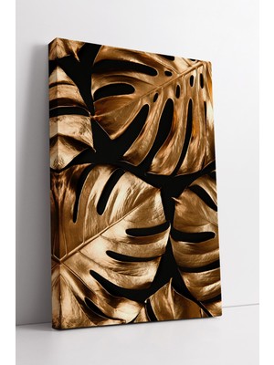KOSS Dijital Altın Monstera Yaprak Desenleri Lüks Modern Doğa Sanatı Minimal Tarz Kanvas Duvar Tablosu