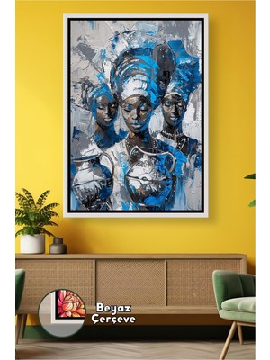 KOSS Dijital Mavi Tonlarda Afrikalı Kadınlar Figürlü Soyut Kabile Sanat Çalışması Çerçeveli Kanvas Tablo