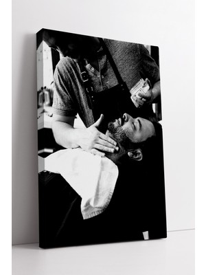 KOSS Dijital Siyah Beyaz Berber Sahnesi Modern Erkek Bakım Temalı Şık Dekoratif Kanvas Duvar Tablosu