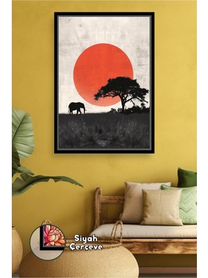KOSS Dijital Afrika Safari Manzarası Fil Silüeti Kırmızı Güneşli Doğa Sahnesi Çerçeveli Kanvas Tablo