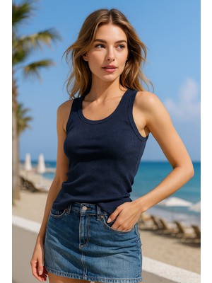 Rich Kadın Lacivert %100 Pamuk Kaşkorse Sıfır Kol Bisiklet Yaka Atlet