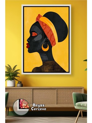 KOSS Dijital Afrikalı Kadın Portresi Sarı Fonlu Minimal Yüz Figürü Etnik Aksesuar Detaylı Çerçeveli Kanvas Tablo
