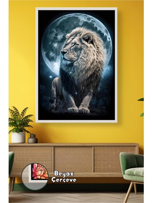 KOSS Dijital Ay Işığı Altında Aslan Figürü Gece Temalı Hayvan Modern Salon Duvar Dekoru Çerçeveli Kanvas Tablo