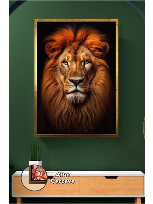 KOSS Dijital Aslan Duvar Dekoru Güçlü Erkek Aslan Temalı Hayvan Figürlü Salon Ofis Dekoru Çerçeveli Kanvas Tablo
