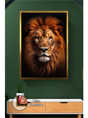 KOSS Dijital Aslan Duvar Dekoru Erkek Aslan Portresi Hayvan Temalı Salon Ofis Duvar Süsü Çerçeveli Kanvas Tablo