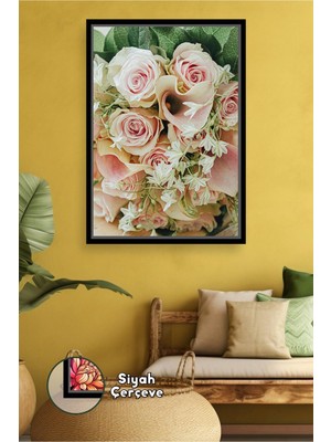 KOSS Dijital Pembe Gül Buketi Desenli Çiçek Tablosu Salon Yatak Odası ve Oturma Alanı Için Çerçeveli Kanvas Tablo