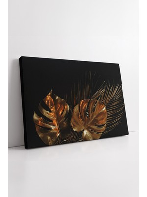 KOSS Dijital Altın Tropik Yaprak Tasarımı Siyah Zemin Üzerinde Lüks Modern Ev Ofis Dekor Uyumlu Kanvas Tablo