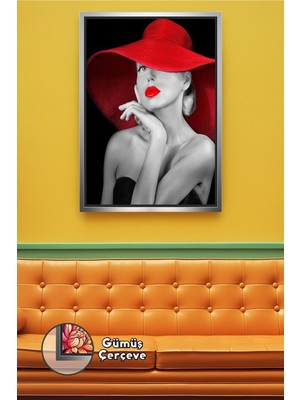 KOSS Dijital Kırmızı Şapkalı Kadın Figürü Duvar Dekoru Salon Ofis Kuaför Kafe Için Şık Çerçeveli Kanvas Tablo