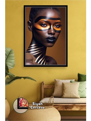 KOSS Dijital Siyah Altın Maskeli Afrika Kadın Yüz Portresi Çizgi Detaylı Dekor Tasarımı Çerçeveli Kanvas Tablo