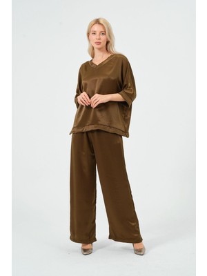 Rich Kadın Saten Takım Parlak Saten Pantolon Bluz