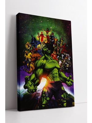 KOSS Dijital Hulk ve Marvel Süper Kahraman Ekibi Epic Çizim Kanvas Tablo Renkli Dinamik Duvar Dekoru