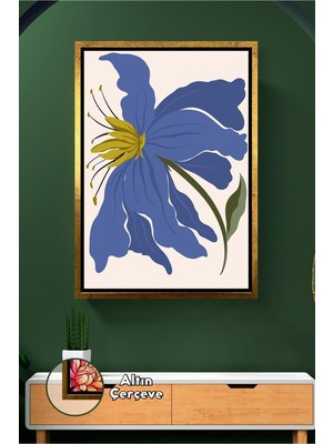 KOSS Dijital Mavi Çiçek Desenli Boho Duvar Dekoru Soyut Floral Tasarım Modern Ev Stili Çerçeveli Kanvas Tablo