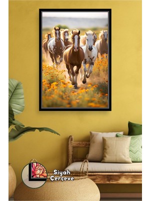 KOSS Dijital Özgürce Koşan At Sürüsü Doğa Manzarası Hayvan Duvar Sanatı Çerçeveli Kanvas Tablo