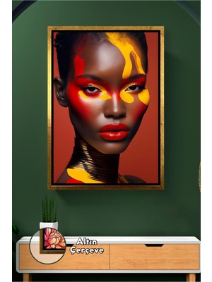 KOSS Dijital Kırmızı Tonlu Kadın Portresi Salon ve Çalışma Alanı Için Çarpıcı Duvar Süsü Çerçeveli Kanvas Tablo