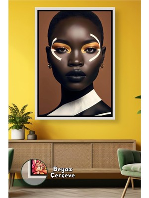 KOSS Dijital Minimal Afrika Kadın Portresi Kahve ve Altın Tonlarda Salon Ofis Duvar Dekoru Çerçeveli Kanvas Tablo