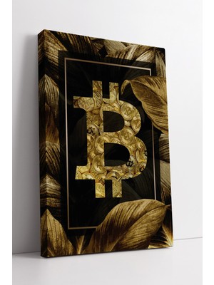 KOSS Dijital Altın Bitcoin Sembol Tasarımlı Lüks Yaprak Desenli Modern Kanvas Tablo Şık Duvar Dekorasyonu