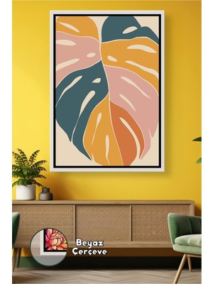 KOSS Dijital Hardal Sarı ve Petrol Yeşili Tonlarda Bohem Yaprak Deseni Modern Duvar Dekoru Çerçeveli Kanvas Tablo