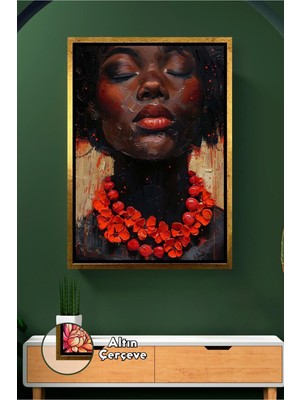 KOSS Dijital Kapalı Gözlü Afrikalı Kadın Yüz Portresi Kırmızı Çiçek Detaylı Koyu Tonlu Çerçeveli Kanvas Tablo