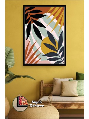 KOSS Dijital Boho Tarzı Yaprak Desenli Hardal ve Toprak Tonlarıyla Doğal Duvar Dekoru Çerçeveli Kanvas Tablo