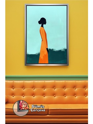 KOSS Dijital Turuncu Elbiseli Afrikalı Kadın Siluet Minimal Duvar Görseli Sade Stil Çerçeveli Kanvas Tablo