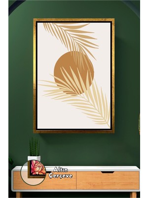 KOSS Dijital Palmiye Yaprakları ve Sıcak Kum Tonlarıyla Doğal Ev Duvar Dekoru Minimal Çerçeveli Kanvas Tablo