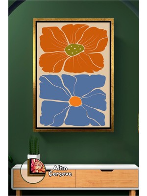 KOSS Dijital Turuncu ve Mavi Çiçek Desenli Boho Duvar Dekoru Modern Floral Tasarım Çerçeveli Kanvas Tablo