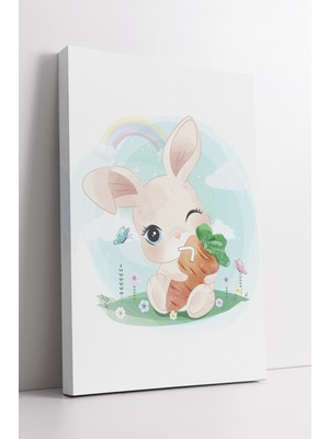 KOSS Dijital Tavşan Çizimli Çocuk Odası Kanvas Tablo Havuçlu Sevimli Bahar Temalı Pastel Duvar Sanatı