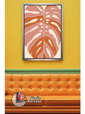 KOSS Dijital Pudra ve Kiremit Tonlu Tropikal Yaprak Deseni Modern Duvar Dekoru Çerçeveli Kanvas Tablo