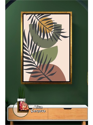 KOSS Dijital Bitkisel Yaprak Desenli Kanvas Tablo Salon ve Ofis Duvarları Için Doğal Tonlu Çerçeveli Kanvas Tablo