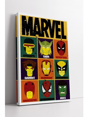 KOSS Dijital Marvel Retro Heroes Kanvas Duvar Sanatı Minimal Karakter Tasarımlı Renkli Modern Dekor Tablosu