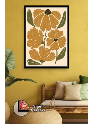 KOSS Dijital Bohem Esintili Hardal Tonlu Çiçek Deseni Doğal Botanik Duvar Dekoru Çerçeveli Kanvas Tablo