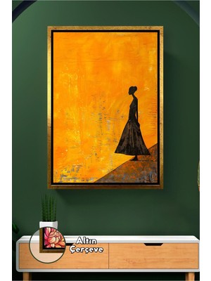 KOSS Dijital Afrika Çöl Yürüyüşü Siyah Siluet Kadın Figürü Sarı Fonlu Etnik Afrika Teması Çerçeveli Kanvas Tablo