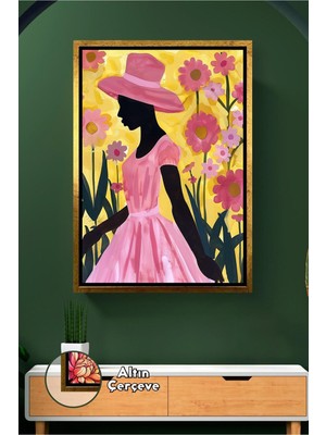 KOSS Dijital Şapkalı Afrikalı Kadın Siluet Çiçek Bahçesi Temalı Renkli Duvar Dekoru Çerçeveli Kanvas Tablo