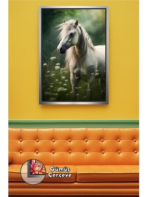 KOSS Dijital Beyaz At Temalı Şık Duvar Dekoru Doğadan Ilham Alan Zarif Tasarım Salon Için Çerçeveli Kanvas Tablo