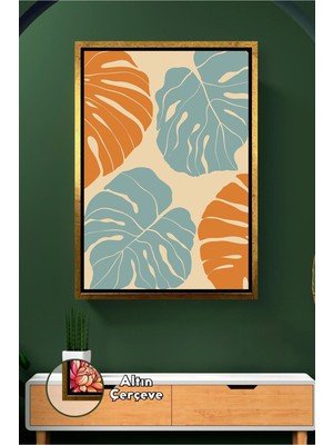 KOSS Dijital Turuncu ve Mavi Yaprak Desenli Modern Duvar Dekoru Salon ve Yatak Odası Için Çerçeveli Kanvas Tablo