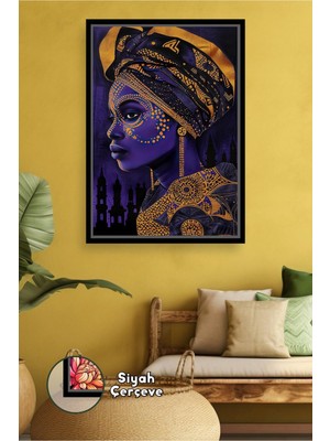 KOSS Dijital Afrika Kadın Portresi Mor ve Altın Tonlarda Etnik Desenli Salon Duvar Dekoru Çerçeveli Kanvas Tablo