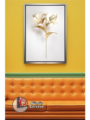 KOSS Dijital Beyaz Zemin Altın Çiçek Deseni Modern Salon ve Yatak Odası Duvar Dekoru Çerçeveli Kanvas Tablo