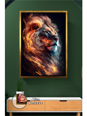 KOSS Dijital Alev Detaylı Aslan Figürü Koyu Zemin Modern Ev ve Ofis Dekoru Çerçeveli Kanvas Tablo