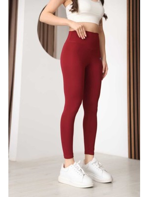 Arda Kadın Bordo Yüksek Bel Toparlayıcı Spor Tayt - Esnek Polyester Spandex Fitness ve Yoga Taytı