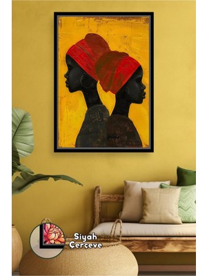KOSS Dijital Afrikalı Kadın Siluet Figür Ikili Portre Sarı Fon Afrika Kültürü Modern Çerçeveli Kanvas Tablo