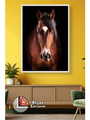 KOSS Dijital Siyah Fon Üzerinde Kahverengi At Yüzü Detaylı Hayvan Portresi Duvar Dekoru Çerçeveli Kanvas Tablo
