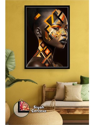 KOSS Dijital Geometrik Desenli Profil Kadın Portresi Salon ve Ofis Için Şık Duvar Dekoru Çerçeveli Kanvas Tablo
