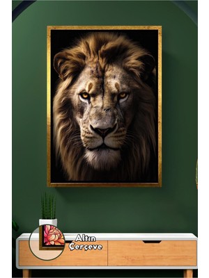 KOSS Dijital Aslan Duvar Tablosu Koyu Zemin Hayvan Temalı Ev ve Ofis Dekoru Çerçeveli Kanvas Tablo