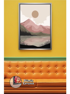 KOSS Dijital Dağ ve Göl Manzaralı Doğa Temalı Pastel Renk Duvar Tablosu Salon ve Ofis Için Çerçeveli Kanvas Tablo