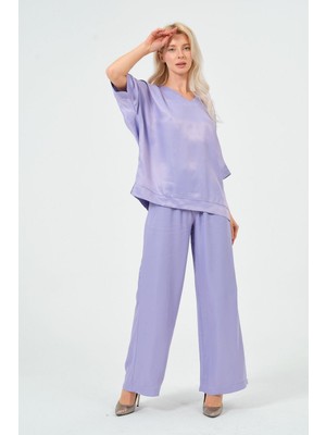 Rich Kadın Saten Takım Parlak Saten Pantolon Bluz