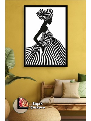 KOSS Dijital Siyah Beyaz Çizgili Afrikalı Kadın Figürü Soyut Minimal Sanat Tarzı Çerçeveli Kanvas Tablo