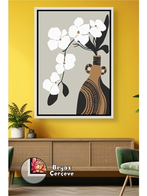 KOSS Dijital Bohem Vazo Beyaz Çiçek Desenli Boho Duvar Dekoru Modern Salon ve Oturma Odası Çerçeveli Kanvas Tablo