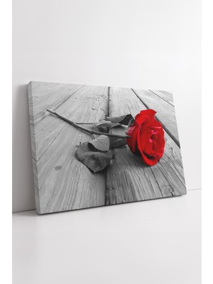KOSS Dijital Kırmızı Gül ve Siyah Beyaz Ahşap Zemin Üzerinde Romantik Minimal Çiçek Temalı Dekor Kanvas Tablo