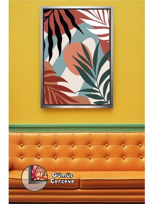 KOSS Dijital Bohem Sanat Yaprak ve Geometrik Formlarla Sıcak Toprak Tonlu Duvar Dekoru Çerçeveli Kanvas Tablo