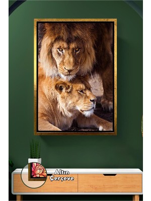 KOSS Dijital Aslan ve Aslan Yavru Doğal Vahşi Yaşam Temalı Dekoratif Tablo Salon Için Çerçeveli Kanvas Tablo